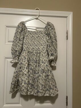vestique Cream Floral Smocked Mini Dress with Blue Print